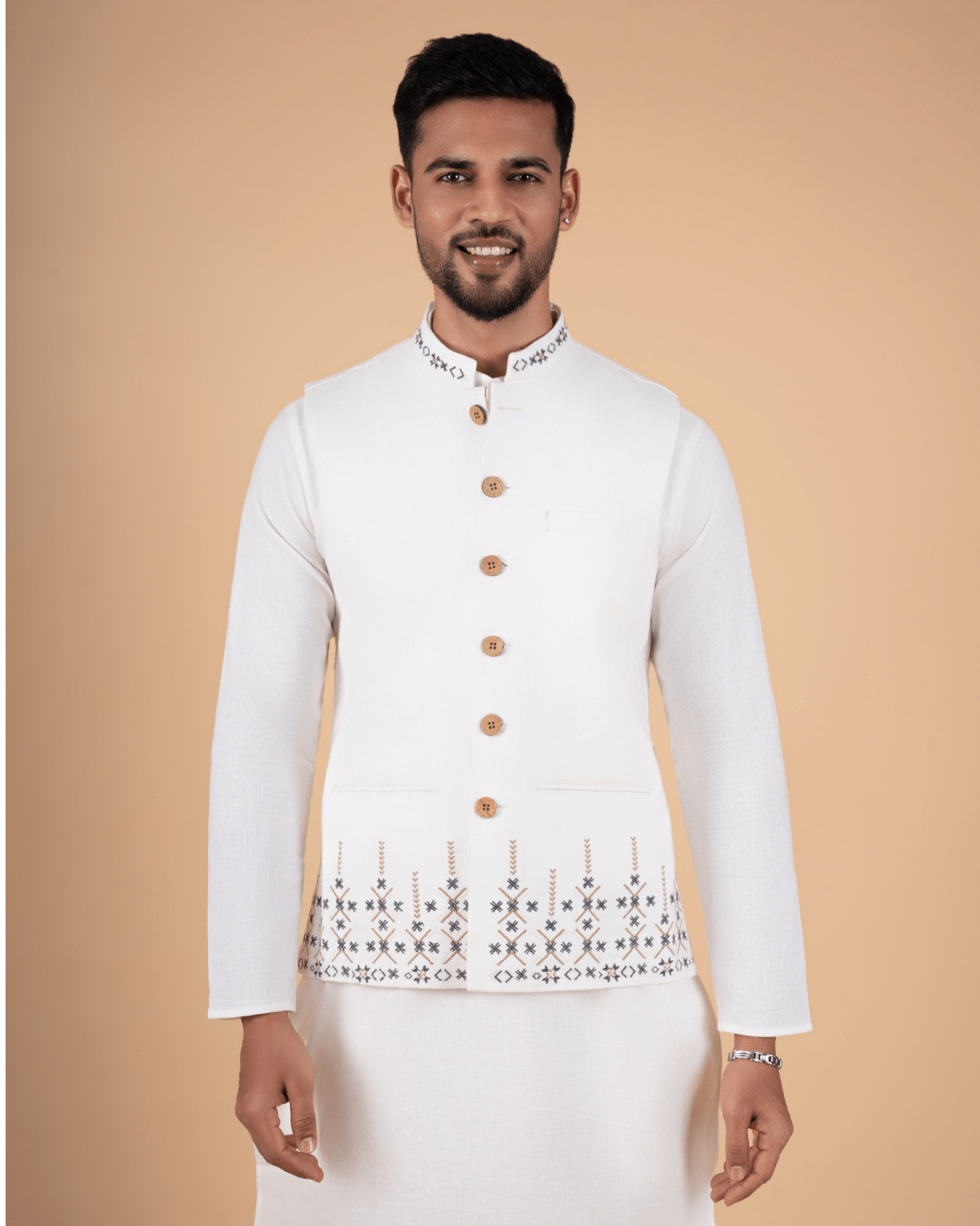 Elegant White Embroidered Koti - Feel Khadi
