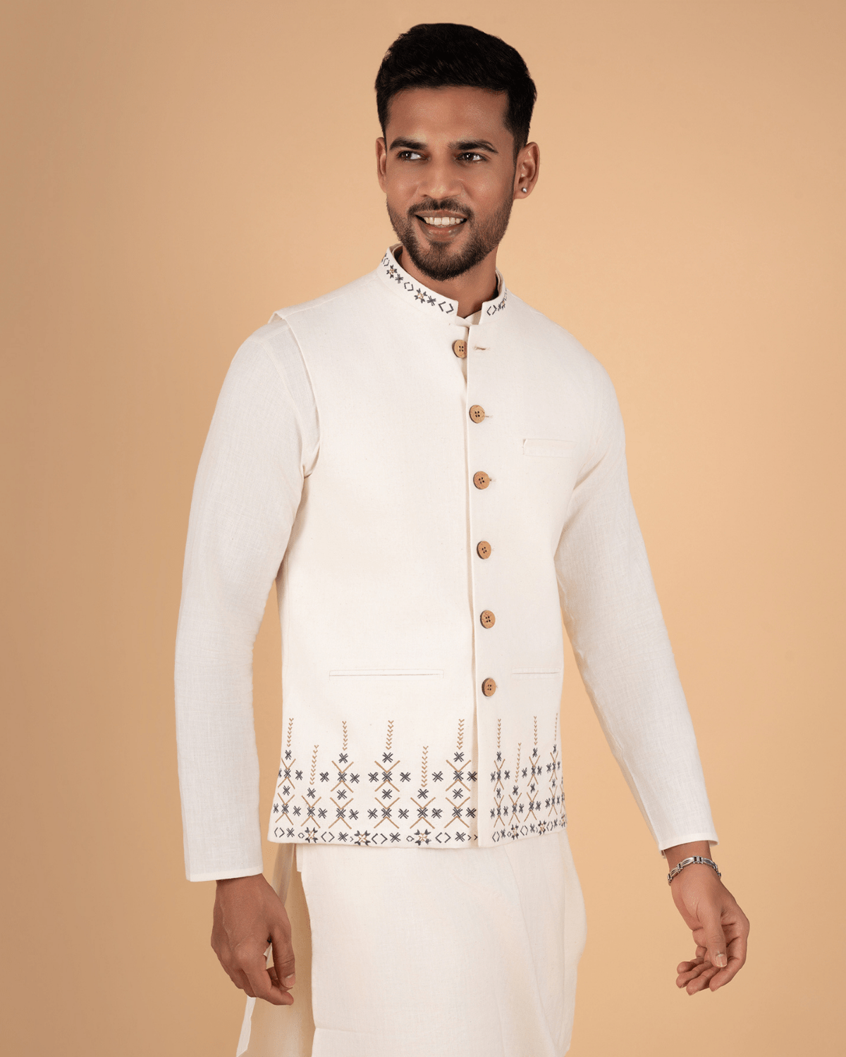 Natural Raw Embroidered Koti - Feel Khadi