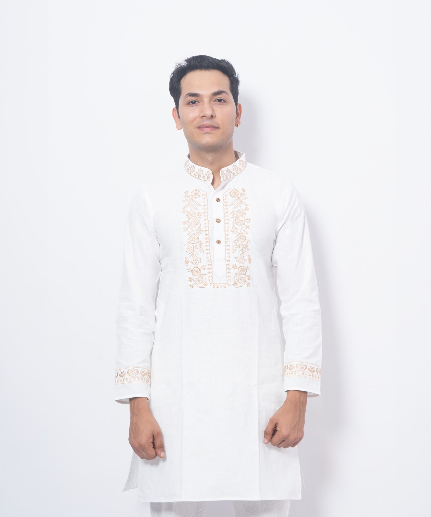 Elegant White Pushp Embroidered Kurta Set - handmade chemical-free khadi from Feel Weaves