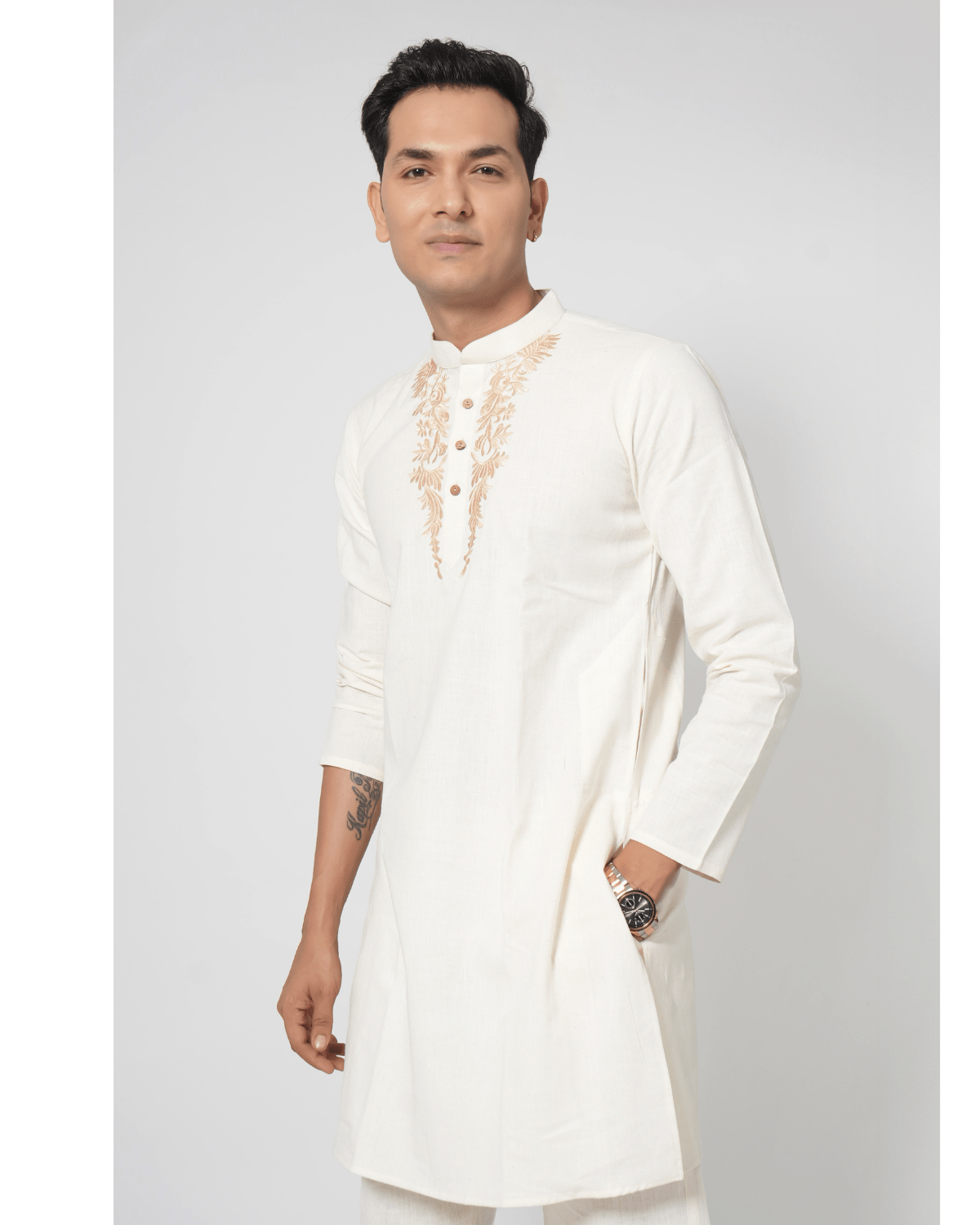 Natural Raw Classic Embroidered Kurta Set - handmade chemical-free khadi from Feel Weaves