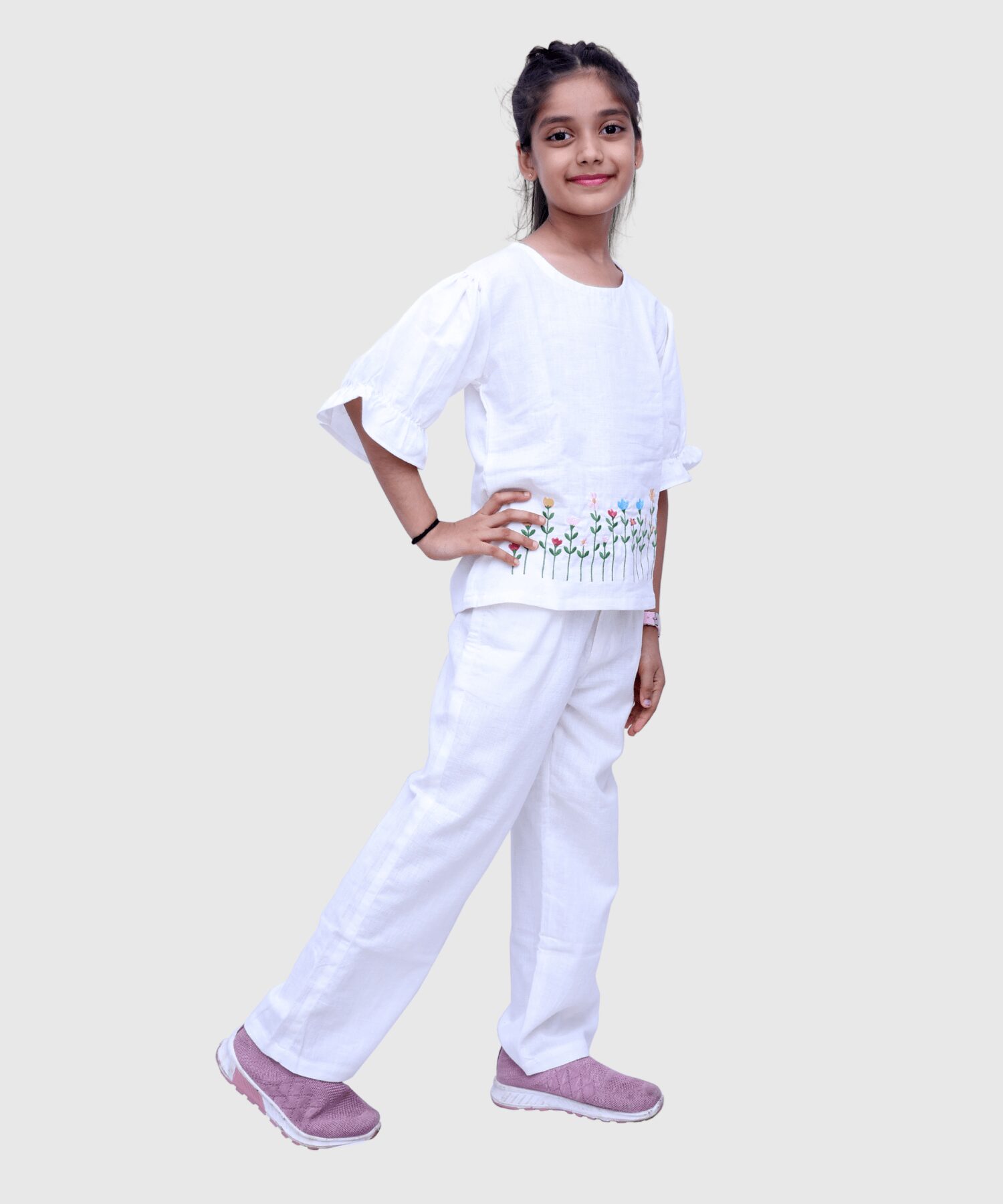 White Multi Floral Co-ord Set - handmade chemical-free khadi from Feel Weaves