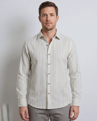 Dune Sage khadi striped shirt worn untucked, front view showing the fine olive and grey stripes, point collar and coconut-shell buttons