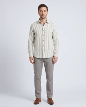 Man wearing the Dune Sage Shirt in handwoven khadi cotton, fine olive and grey stripes on white, full-length front view