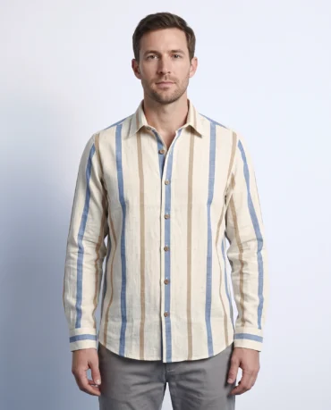 Harbour Sand khadi striped shirt worn untucked, front view showing the blue and camel stripes, point collar and coconut-shell buttons
