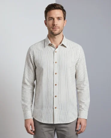 Monsoon Stripe Shirt, a handwoven khadi striped shirt worn untucked, front view showing the indigo pinstripes, point collar and coconut-shell buttons