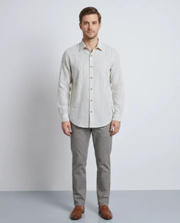 Man wearing the Monsoon Stripe Shirt in handwoven khadi cotton, fine indigo pinstripes on natural off-white, full-length front view