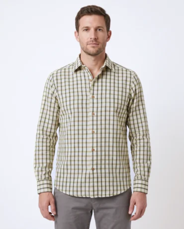Olive Grid Shirt in handwoven khadi cotton, olive and charcoal windowpane check on cream, full-length front view