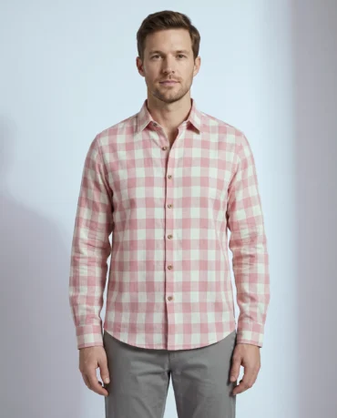 Handwoven khadi shirt in dusty rose gingham check, worn untucked, front view with coconut-shell buttons