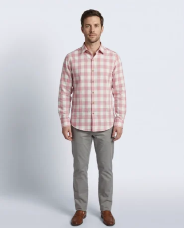 Petal Check Shirt in handwoven khadi cotton, dusty rose and white gingham check, full-length front view