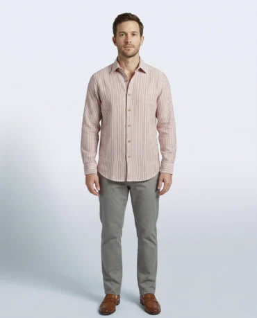 Terra Stripe Shirt in handwoven khadi cotton, fine brick-red pinstripes on cream, full-length front view